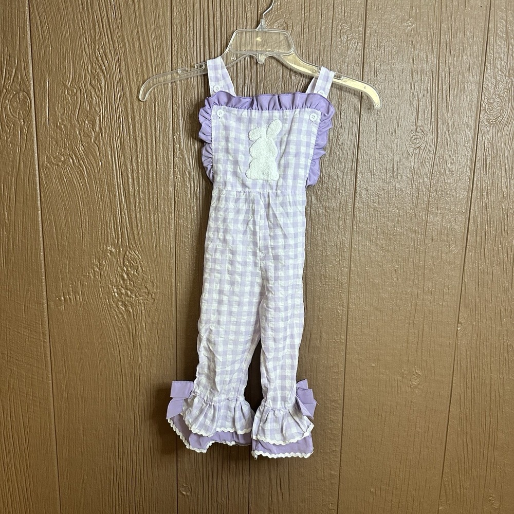 Girls Easter Gingham Bell Bottom Jumpsuit Sz 18-24 Months Purple Open Back